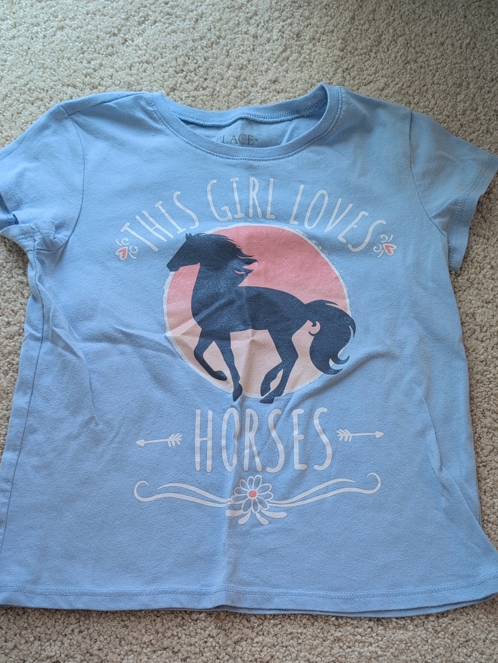 Kids Place Light Blue Horse Graphic Tee with Pink Sunset Accent Rodeo Size 5-6